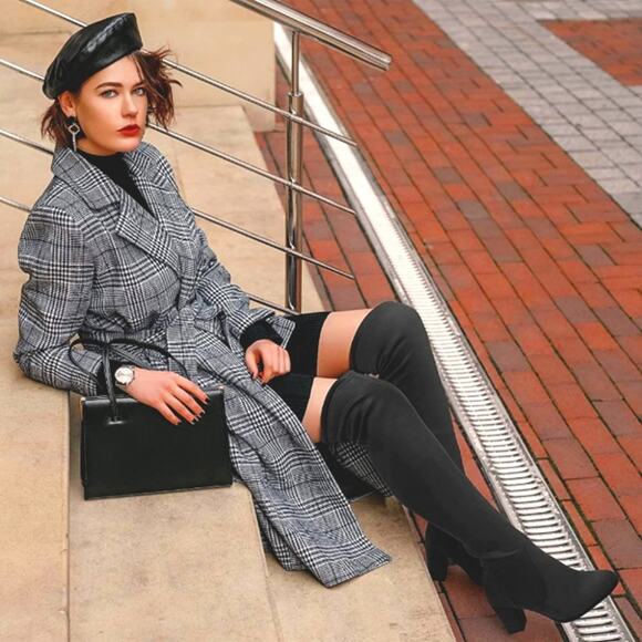 EXPRESS Over the Knee Boots Sz 8 BLOCK 3" Heels BLACK Vegan Faux Suede Tall NWOT - Picture 3 of 16